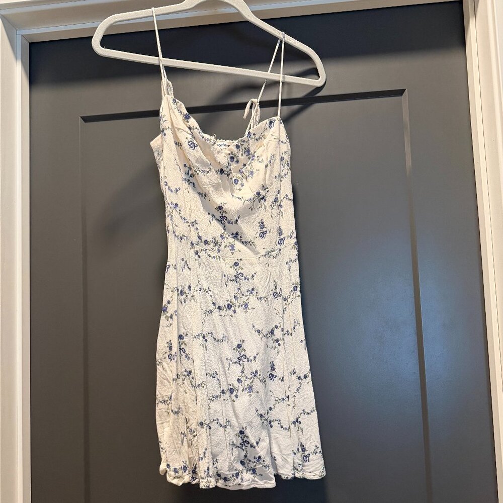 Short, cream and blue, smocked-backed floral Dress